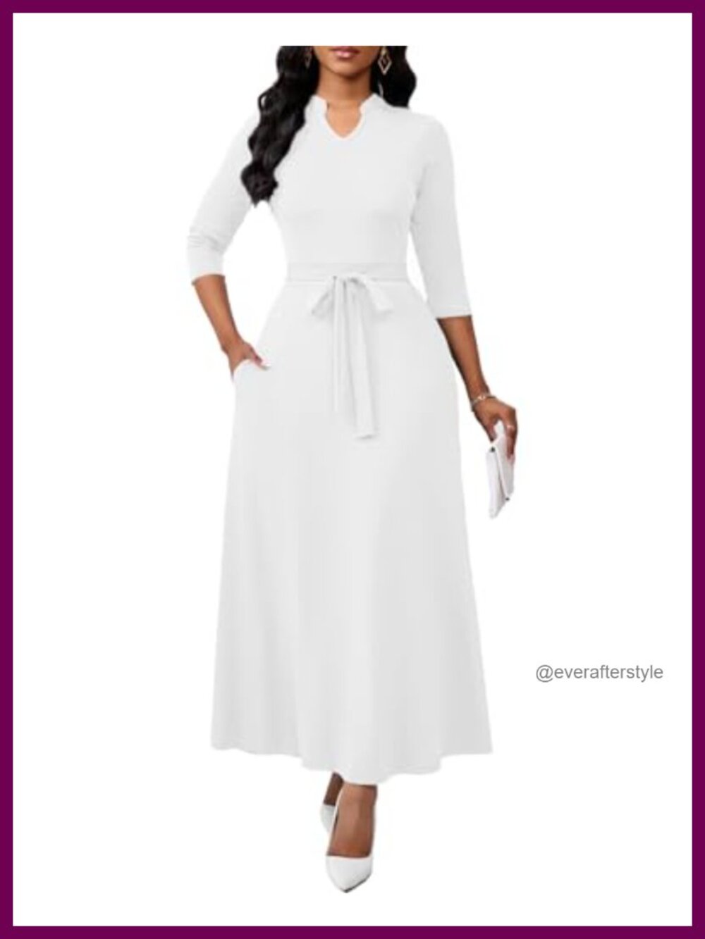 Maxi Dress Semi Formal 3/4 Sleeve A-Line V-Neck with Belt Pockets